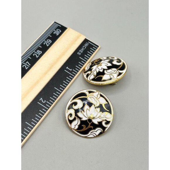 Vintage Enamel Cloisonne Pierced Earrings Lotus Floral Design Black & White - Picture 5 of 5